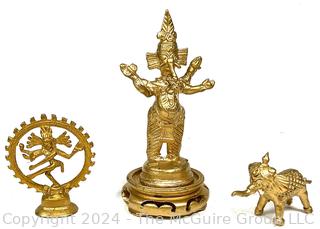 Three (3) Metal & Wood Carved Buddhist Figurines Including Nataraja and Ganesh