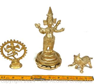 Three (3) Metal & Wood Carved Buddhist Figurines Including Nataraja and Ganesh