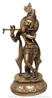 Brass Dancing Lord Krishna Statue Playing Flute. 12" Tall