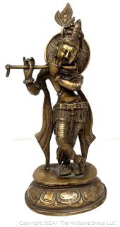 Brass Dancing Lord Krishna Statue Playing Flute. 12" Tall