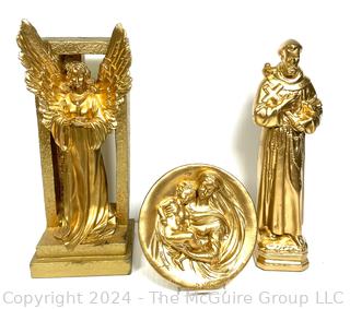 Three (3) Gold Painted Religious Statues and Plaques Including St. Francis