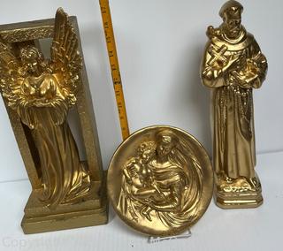 Three (3) Gold Painted Religious Statues and Plaques Including St. Francis