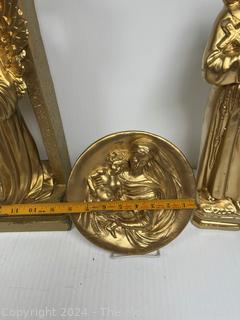 Three (3) Gold Painted Religious Statues and Plaques Including St. Francis