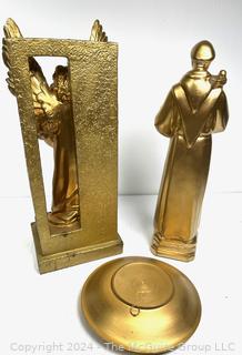 Three (3) Gold Painted Religious Statues and Plaques Including St. Francis