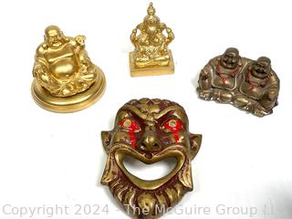 Three (3) Chinese Buddha Statues and Wall Plaque 