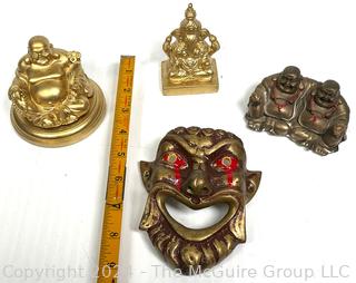 Three (3) Chinese Buddha Statues and Wall Plaque 