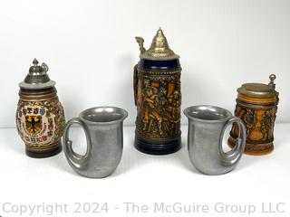 Three (3) German Steins and Two (2) Pewter Mugs