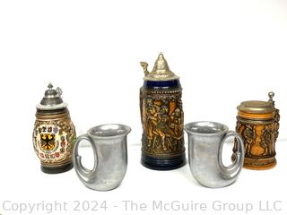 Three (3) German Steins and Two (2) Pewter Mugs