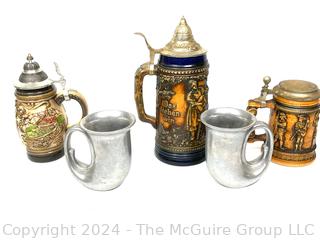 Three (3) German Steins and Two (2) Pewter Mugs