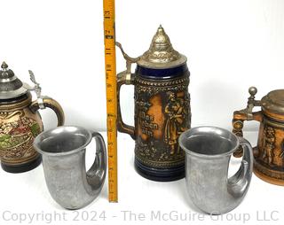 Three (3) German Steins and Two (2) Pewter Mugs