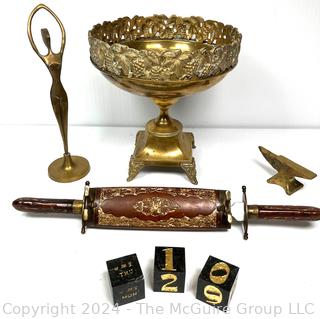 Group of Decorative Metalware including Brass Pedestal Bowl, Modernist Dancer Sculpture, Jewelers Anvil. Knife & Fork Carving Set in Wood Case & Block Desk Calendar.