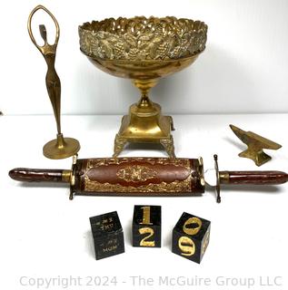 Group of Decorative Metalware including Brass Pedestal Bowl, Modernist Dancer Sculpture, Jewelers Anvil. Knife & Fork Carving Set in Wood Case & Block Desk Calendar.