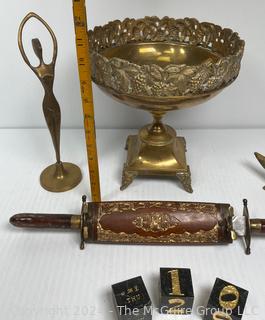 Group of Decorative Metalware including Brass Pedestal Bowl, Modernist Dancer Sculpture, Jewelers Anvil. Knife & Fork Carving Set in Wood Case & Block Desk Calendar.