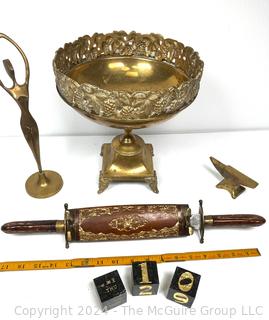 Group of Decorative Metalware including Brass Pedestal Bowl, Modernist Dancer Sculpture, Jewelers Anvil. Knife & Fork Carving Set in Wood Case & Block Desk Calendar.