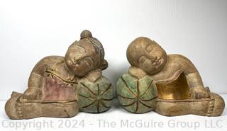 Carved & Painted Asian Wood Carving of Sleeping Children on Melons 