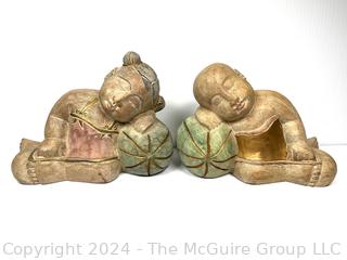 Carved & Painted Asian Wood Carving of Sleeping Children on Melons 