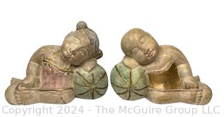 Carved & Painted Asian Wood Carving of Sleeping Children on Melons 