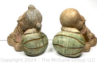 Carved & Painted Asian Wood Carving of Sleeping Children on Melons 