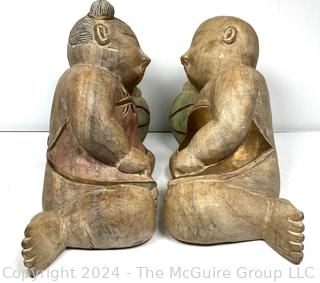 Carved & Painted Asian Wood Carving of Sleeping Children on Melons 