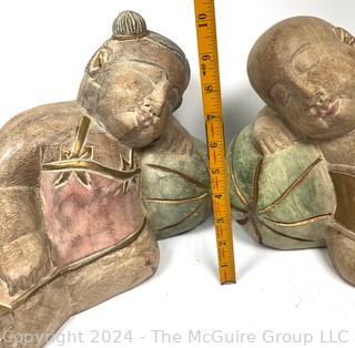 Carved & Painted Asian Wood Carving of Sleeping Children on Melons 