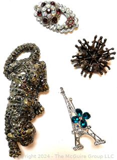 Four (4) Rhinestone Costume Jewelry Brooches Including Leopard.