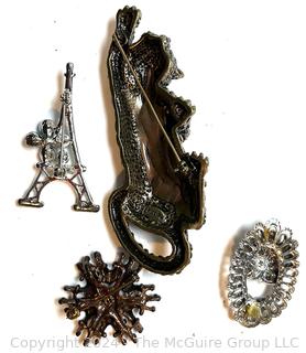 Four (4) Rhinestone Costume Jewelry Brooches Including Leopard.