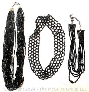 Three (3) Black Glass Beaded Necklaces