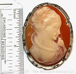 Victorian Carved Pink Shell Cameo Brooch and Pendant in Marcasite Surround.