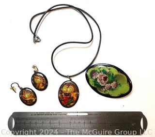 Russian Hand Painted Lacquer Jewelry Including Brooch, Pendant and Earrings