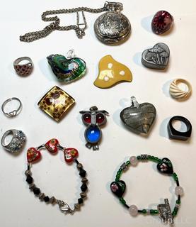 Group of Costume and Art Glass Jewelry Including Owl Brooch and Lampwork Heart Pendants