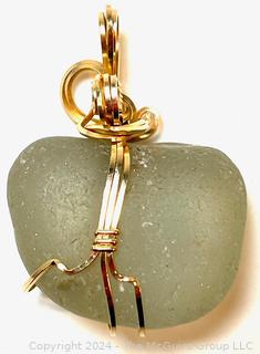 Green Sea Glass Pendant in Hand Wrought 14kt Yellow Gold Wrap Setting. 2.6 grams (surround only)