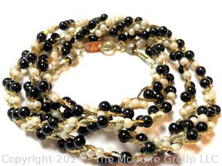 Trifari Faux Pearl Black Onyx Three Row Braided Necklace