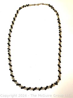 Trifari Faux Pearl Black Onyx Three Row Braided Necklace