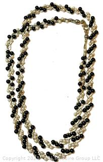 Trifari Faux Pearl Black Onyx Three Row Braided Necklace