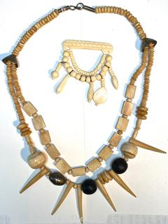 Ox Bone Tribal Carved Necklace and Brooch