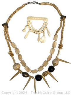 Ox Bone Tribal Carved Necklace and Brooch