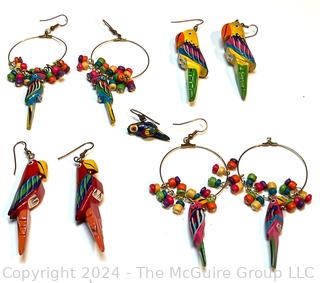 Four (4) Pairs Big 80s Carved Wood Parrot Dangle Earrings