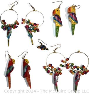 Four (4) Pairs Big 80s Carved Wood Parrot Dangle Earrings