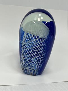 Cobalt Blue and White Hand Blown Jellyfish Glass Sculpture