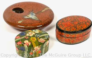 Two (2) Lacquer Painted Boxes and Porcelain Ikebana Vase with Flower Frog 