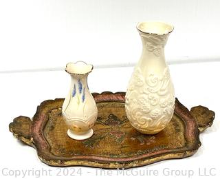 Two (2) Lenox Porcelain Vases and Florentine Painted and Parcel Gilt Tray