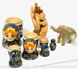 Decorative Items Including Olive Wood Carved Isaac in the Hands of God, Agate Carved Elephant and Set of Five (5) Russian Nesting Matryoshka Dolls