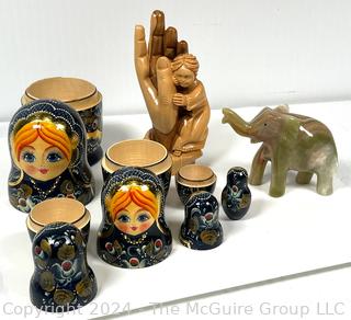 Decorative Items Including Olive Wood Carved Isaac in the Hands of God, Agate Carved Elephant and Set of Five (5) Russian Nesting Matryoshka Dolls