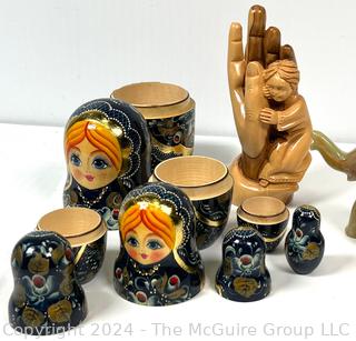 Decorative Items Including Olive Wood Carved Isaac in the Hands of God, Agate Carved Elephant and Set of Five (5) Russian Nesting Matryoshka Dolls