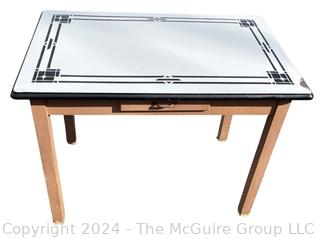 Mid Century Art Deco Porcelain Enamel Top Table with Wood Legs. 40" x 24" x 30".