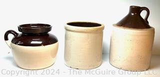 Three (3) 19th Century Slip Glazed Stoneware Jug Stoneware Jugs and Crock