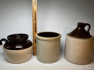 Three (3) 19th Century Slip Glazed Stoneware Jug Stoneware Jugs and Crock