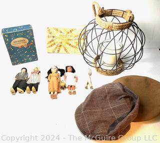 Group Including Dolls, Kangol Hat, Girl Scout Cookbook and Decorative Candle Lantern.