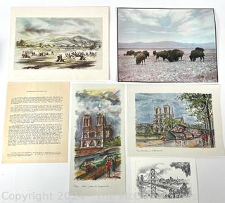 Selection of Art: Two (2) Paris Watercolors; Photo of Buffaloes; Print of  Military Actions and Golden Gate Bridge. Most signed by artists