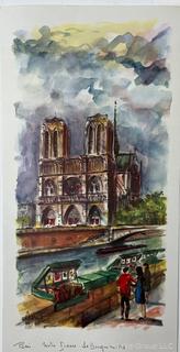 Selection of Art: Two (2) Paris Watercolors; Photo of Buffaloes; Print of  Military Actions and Golden Gate Bridge. Most signed by artists